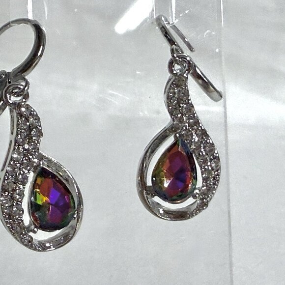Rainbow Teardrop Crystal & Rhinestone Silver Tone Drop Earrings - Picture 5 of 9